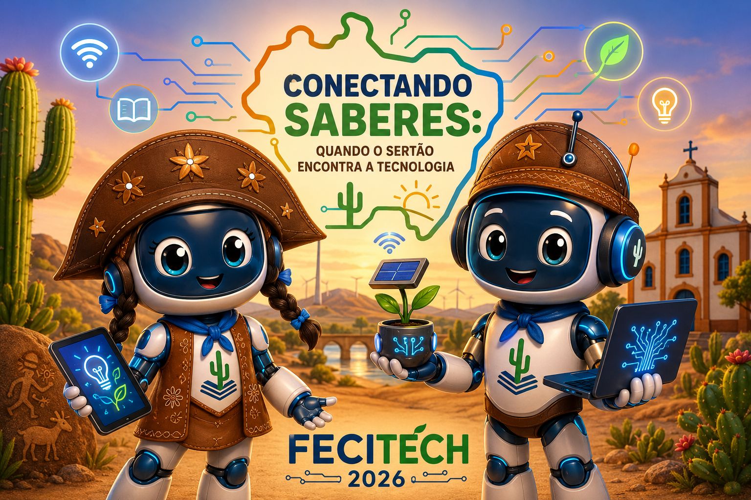 Arte FECITECH 2026 com o tema Conectando saberes: quando o sertão encontra a tecnologia